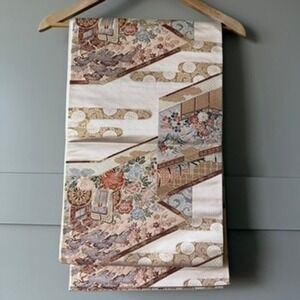Vintage Japanese Fukuro Obi Silk Ox Cart Floral Brocade Gold Cream Sash‎ 163x12